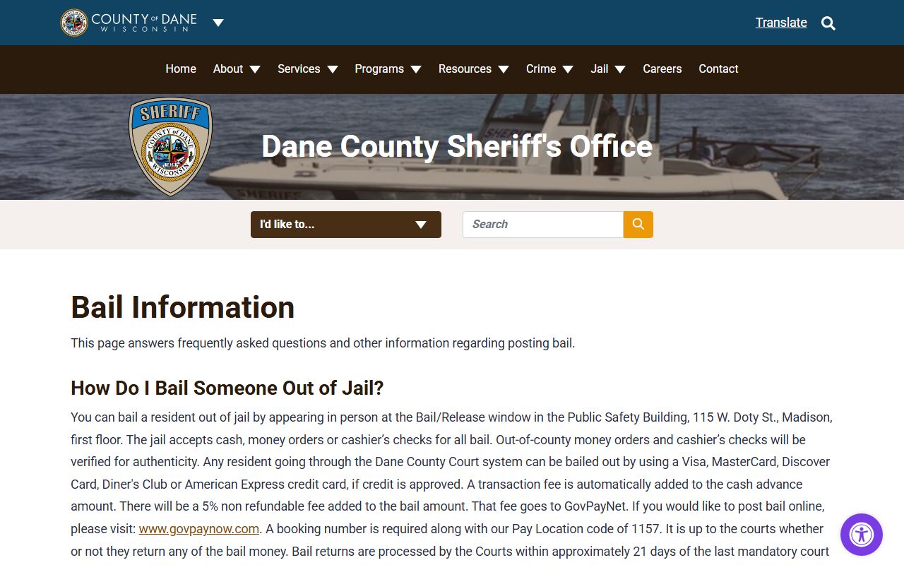 Dane County Public Safety Building Jail bail and release information