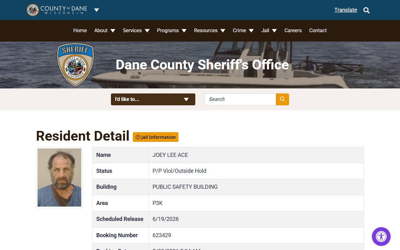 Dane County inmate records resident detail sample