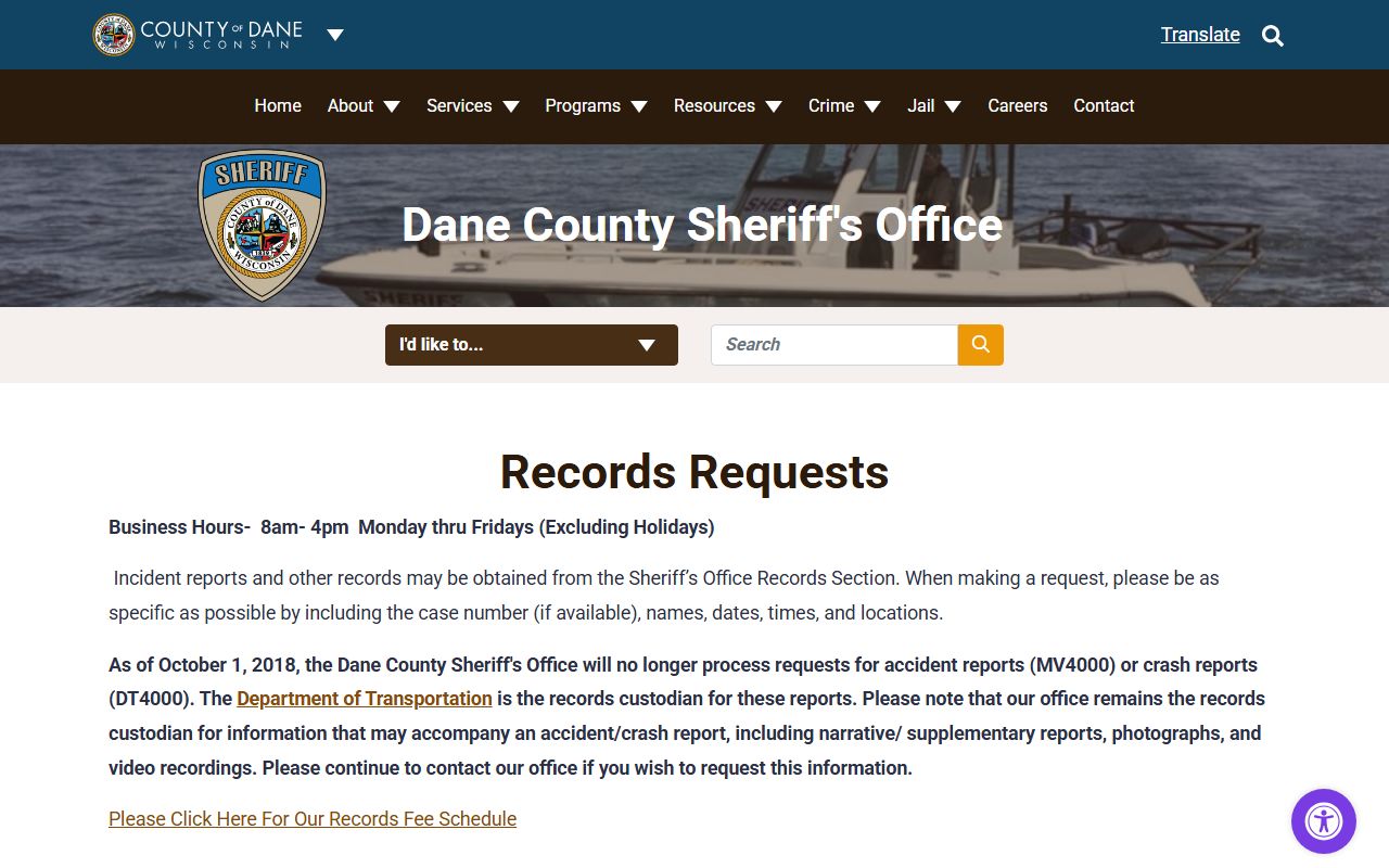 Dane County jail mugshots sheriff records request page