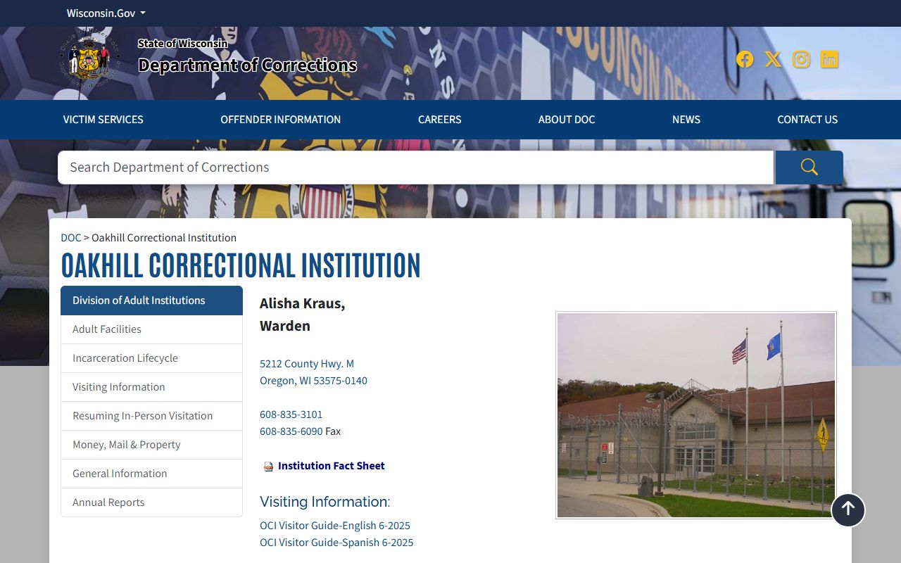 Oakhill Correctional Institution DOC inmate facility page for Dane County state prison records