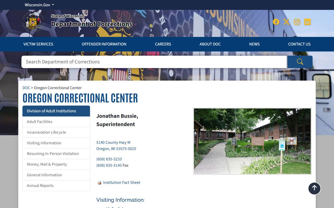 Oregon Correctional Center DOC inmate facility page for Dane County state custody search