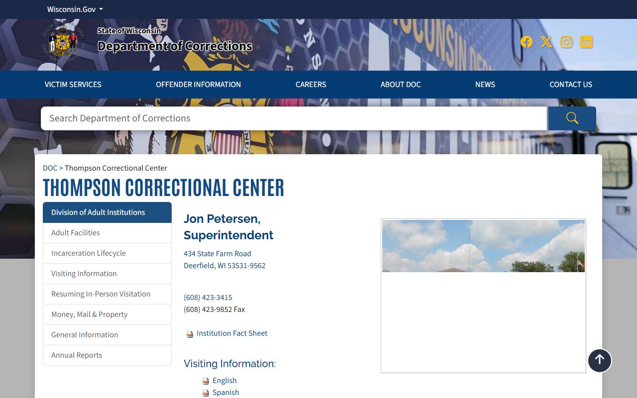 Thompson Correctional Center DOC inmate facility page for Dane County state prison lookup